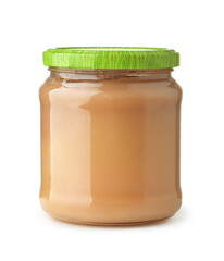 Front view of unlabeled apple puree glass jar