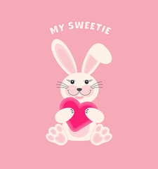 Cute rabbit with heart . Vector illustration in cartoon flat style.