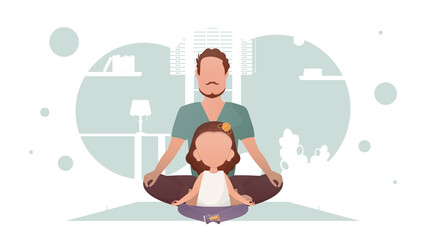 Dad and little daughter are sitting and doing yoga. Meditation. Cartoon style.