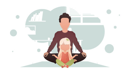 Fototapeta na wymiar A man with a little girl are sitting meditating in the lotus position. Yoga. Cartoon style.