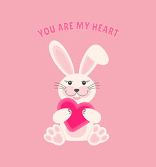 Cute rabbit with heart . Vector illustration in cartoon flat style.