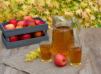 Glaskrug und Gläser mit Apfelsaft vor einer Obstkiste mit roten Äpfeln auf einem Tisch im Garten.