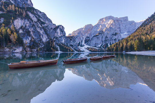 Early morning at the peaceful Lago di Braies in the Dolomites in Italy