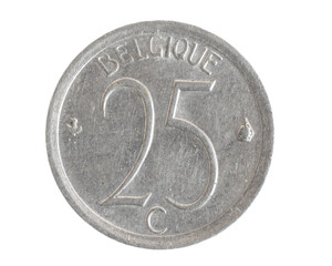 Belgium twenty five centimes coin on white isolated background