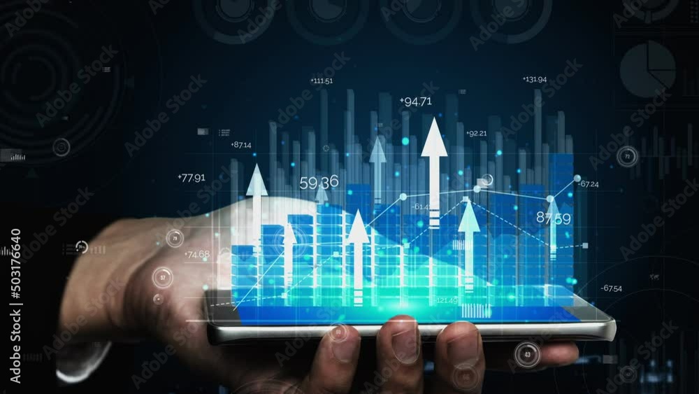 Poster double exposure image of business and finance conceptual - businessman with report chart up forward 