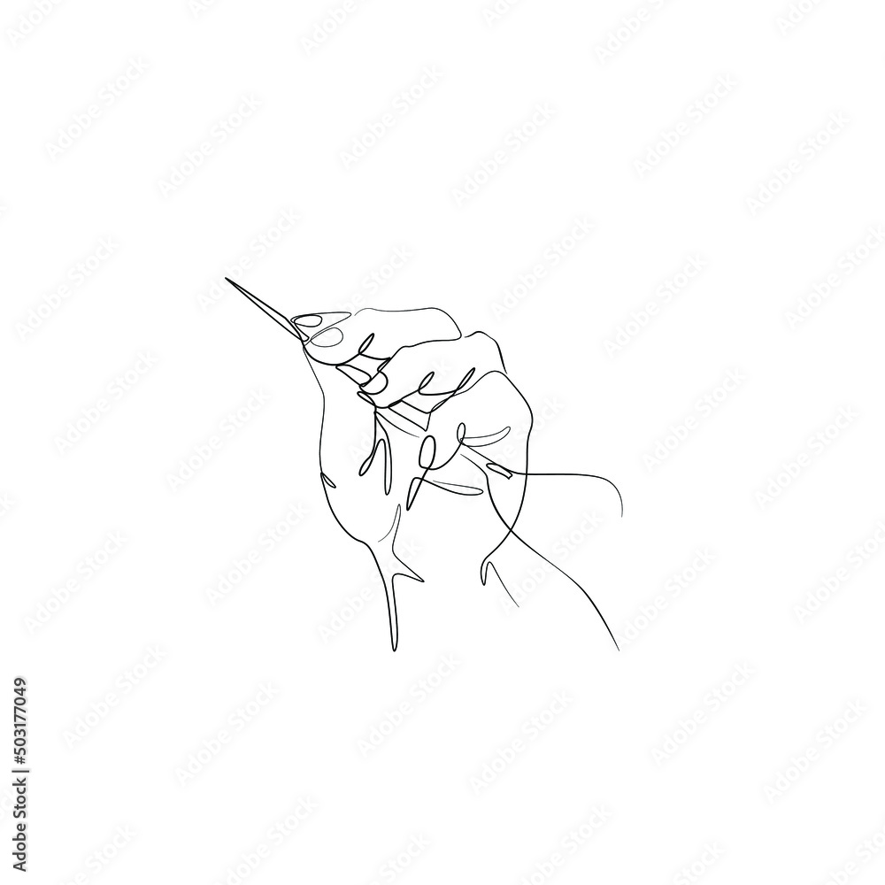 Wall mural needle in hand, continuous line drawing, tattoo, print for clothes and logo design, silhouette singl