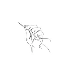 Needle in hand, continuous line drawing, tattoo, print for clothes and logo design, silhouette single line on a white background, isolated vector illustration.