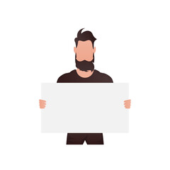A guy with a strong physique holds an empty space for advertising in his hands. Isolated. Cartoon style.
