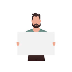 A guy with a strong physique holds a blank sheet in his hands. Isolated. Cartoon style.