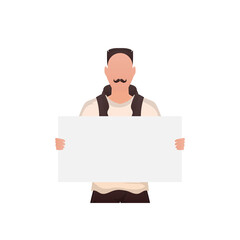 A guy with a strong physique holds an empty sign in his hands. Isolated. Cartoon style.