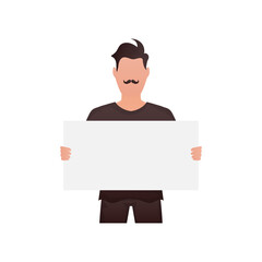 A man holds an empty banner in his hands. Isolated. Cartoon style.