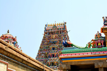 Beautiful view of colorful gopura in the Hindu Kapaleeshwarar Temple, Chennai, Tamil Nadu, South...