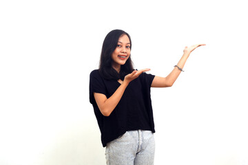 asian girl presenting with two hand on upper left side with smile face. presentation concept.