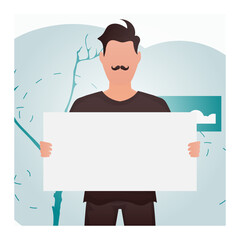 A guy with a strong physique holds a blank sheet in his hands. Place for your advertisement. Cartoon style.