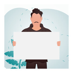 A guy with a strong physique holds an empty sign in his hands. Place for your advertisement. Cartoon style.