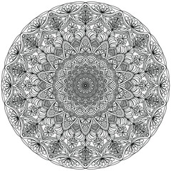 abstract flowers and ornaments forming a folk style mandala on a white background for coloring, vector mandala