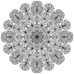 mandala with flowers in folk style and abstract ornaments drawn on a white background for coloring, vector mandala