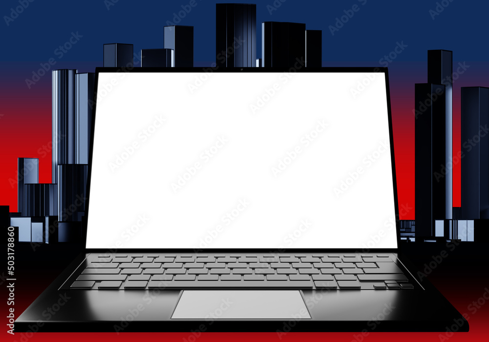 Aufkleber laptop mock up. laptop with blank white screen. software recommendation. portable computer in front 