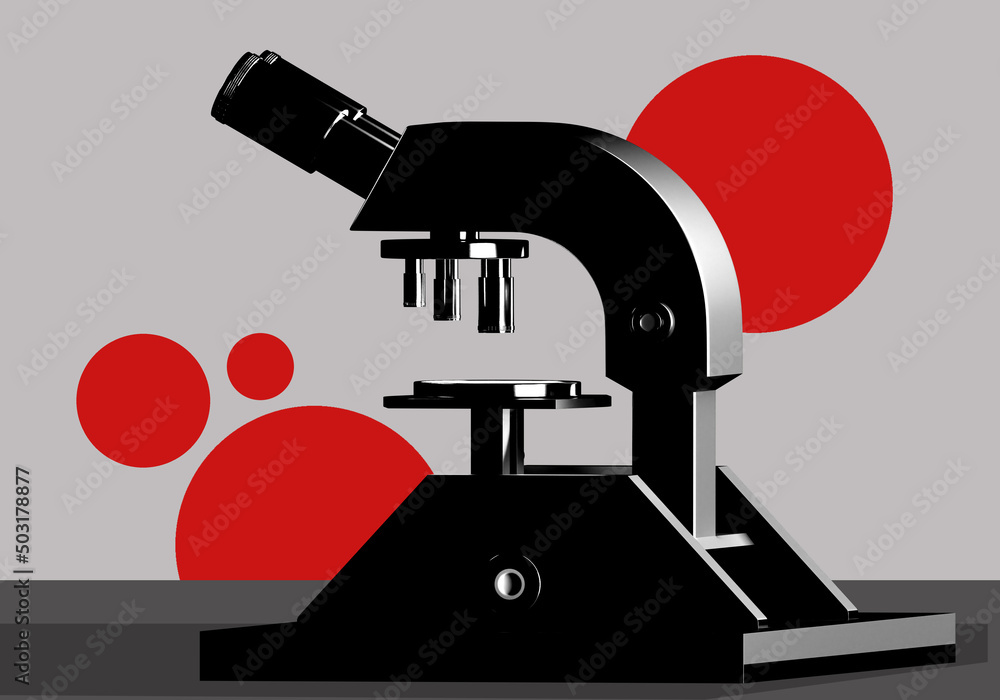 Poster microscope black. detailed microscope on grey. decoration on topic of research. laboratory equipment