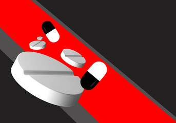 Production of medicines concept. Pills and antibiotics on grey-red. Copy space on topic medication. Pharmaceutical manufacturing industry. Powerful tablets. Medicine for treatment diseases. 3d image