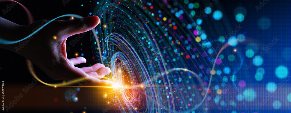 Poster The metaverse universe, concept. Digital neural network.Business man hand touching Introduction of artificial intelligence. Cyberspace of future.Science and innovation of technology.