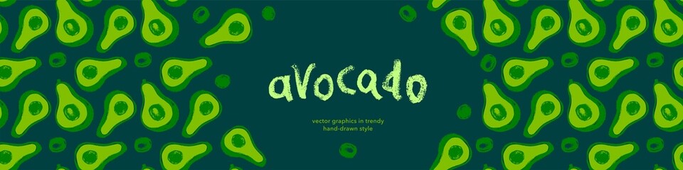 Vector avocado pattern seamless. Avocados decoration for oil label, packaging design. Vegetarian background. Avocados backdrop. Ornament with drawings of vegetables. Green vegan wallpaper for banner.