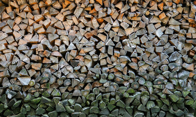 The wall of chopped firewood below is covered with moss.