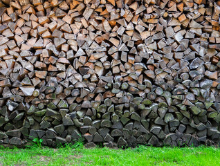 Stacked firewood on green grass.