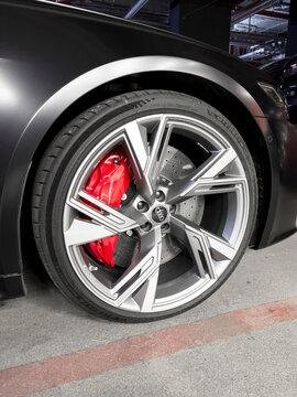 Sankt-Petersburg, Russia,May 7, 2022: Audi RS 6 Avant exterior details. Tyre and alloy wheel. Carbon Ceramic brakes. Car exterior details