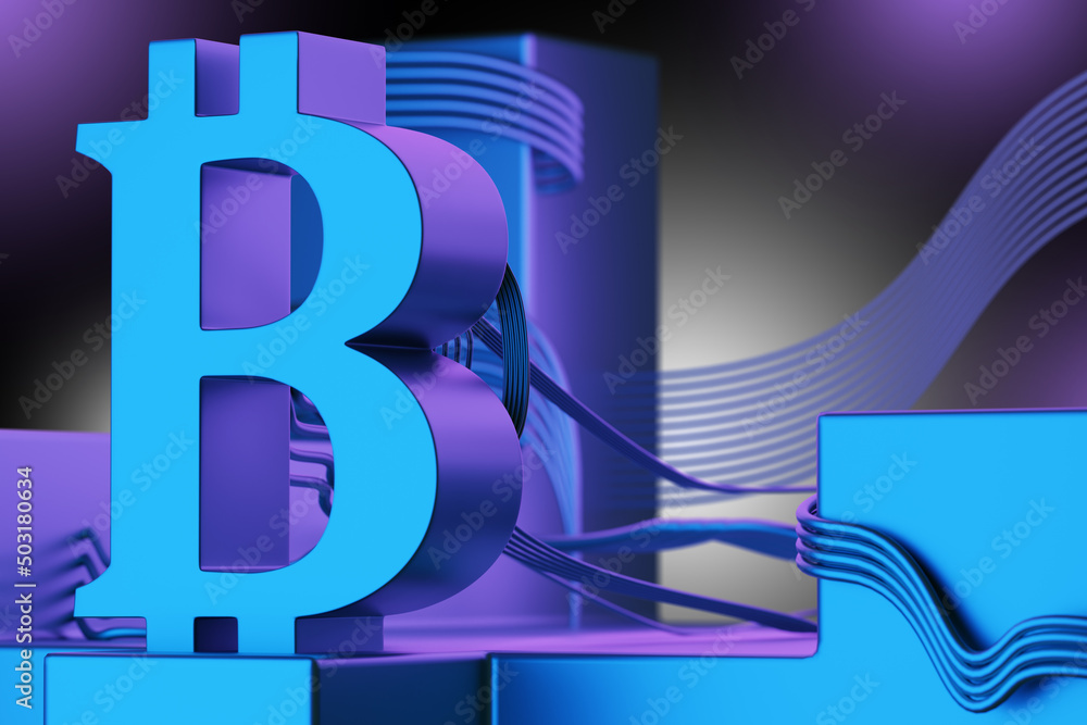 Poster bitcoin symbol. digital currency. bitcoin symbol with neon illumination. trading in blockchain syste