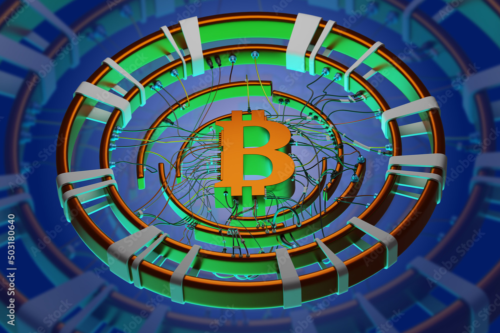 Poster bitcoin business. cryptocurrency market internet mining blockchain. bitcoin label on blue background