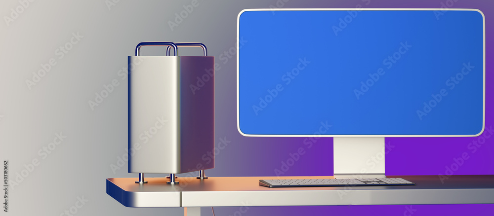 Poster software recommendation. template for advertising website for computer. computer with system unit on