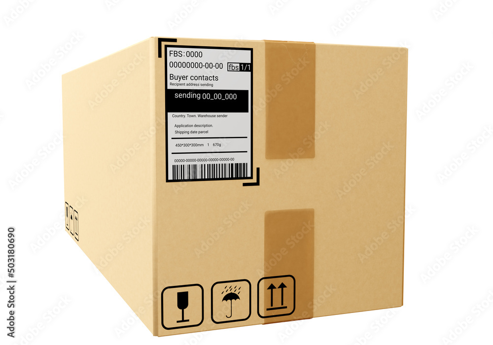 Poster fbs package. fulfillment by seller. cardboard box with fragile symbols. box with fbs sticker. parcel