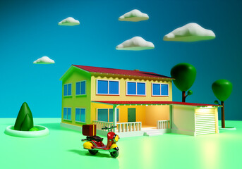 Scooter with courier box. Courier scooter in front of house. Cottage With mini motorcycle. Red scooter without driver. Delivery service worker transport. Working for delivery company. 3d rendering.