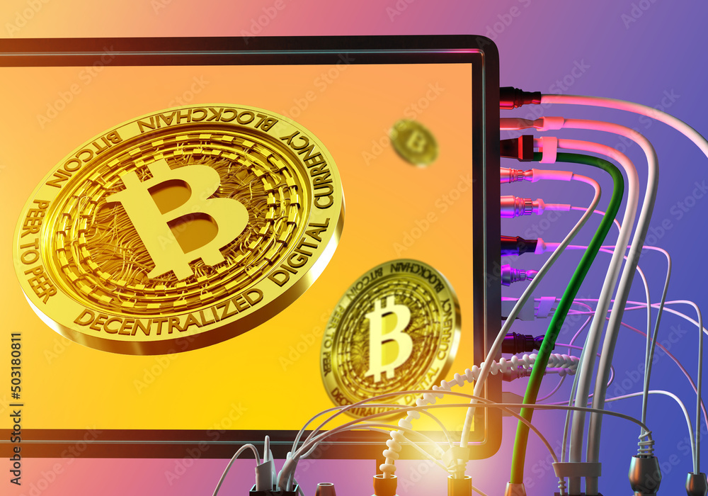 Poster bitcoin technology. bitcoin coins on display. virtual payment system. scenery for bitcoin technology