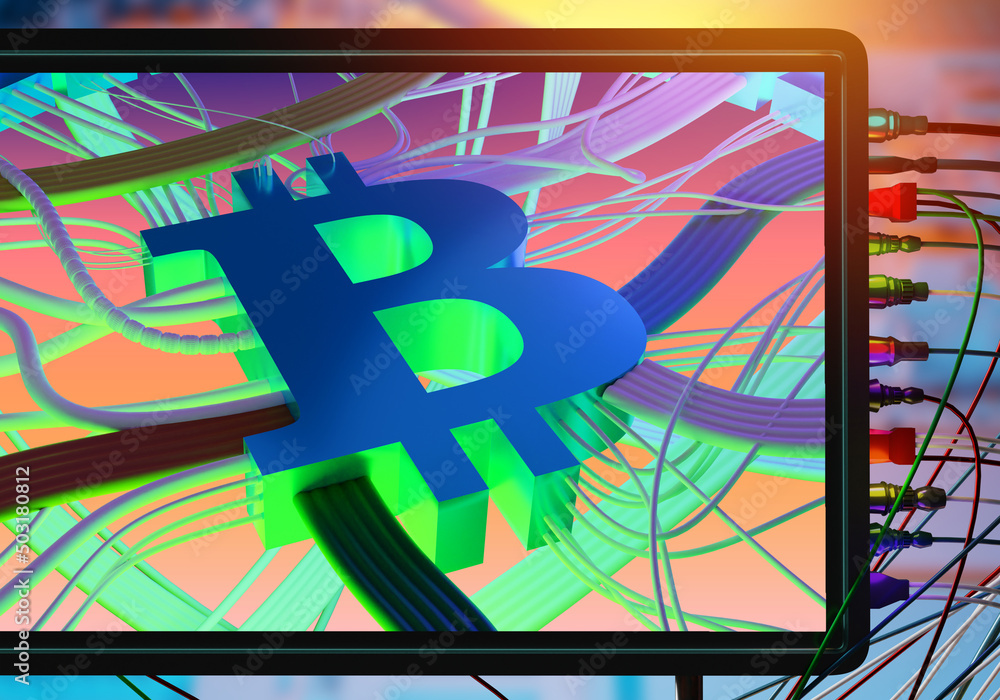 Poster bitcoin wallet. bitcoin logo with many wires. digital cryptocurrency. blockchain money storage softw