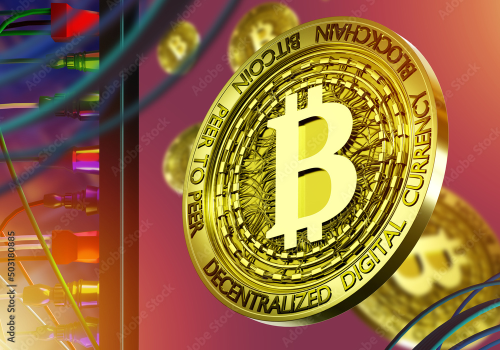 Poster bitcoin blockchain. bitcoin background with coins. blockchain transaction technology. background for