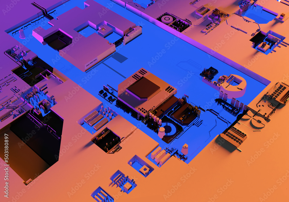 Aufkleber electronic board abstract. electronic board with many capacitors. pcb fragment with neon light. mult