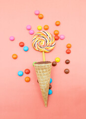 different kinds of Colorful candies isolated on background, to view, selective focus