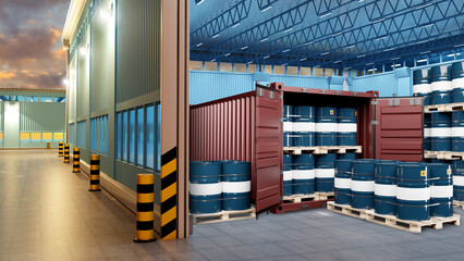 Warehouse of chemical products. Barrels with chemicals in shipping container. Cargo container is filled with barrels of toxic liquid. Chemical production hangar. Blue barrels on pallets. 3d image.