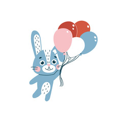 Rabbit with balloons. Cute vetor flat animal character, isolated on white background