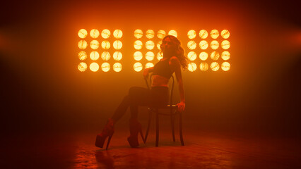 Girl showing erotic movements sitting on club chair. Hot dancer raising legs.
