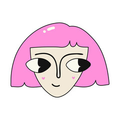 Vector illustration of a cartoon pinkhair girl. A face with a shy happy smile on its face. female facial expression.