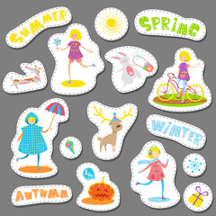 Obraz na płótnie Canvas Cute Seasonal Sticker set. Cartoon characters and elements set for poster, print, label, banner, design for kid accessories, greeting card. Vector illustration. Winter, Spring, Summer.