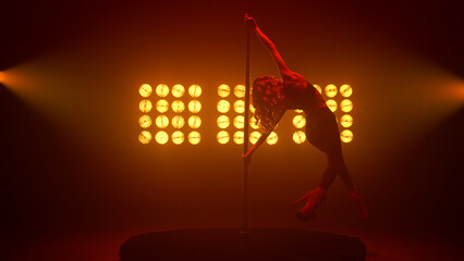 Pole dancer lady making beautiful trick on pylon. Woman moving body sexually.