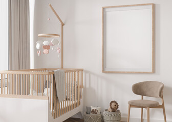 Empty vertical picture frame on white wall in modern child room. Mock up interior in scandinavian style. Free, copy space for your picture. Baby bed, chair. Cozy room for kids. 3D rendering. - obrazy, fototapety, plakaty