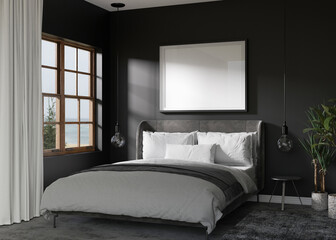 Empty picture frame on black wall in modern bedroom. Mock up interior in contemporary style. Free, copy space for your picture, poster. Bed, plants. 3D rendering.