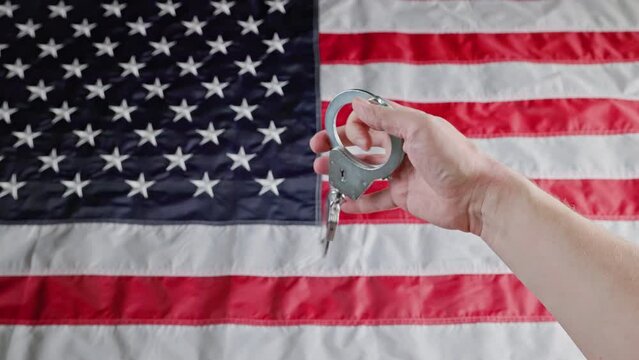 caucasian hand holding and turning silver metal handcuffs over blurry United States flag