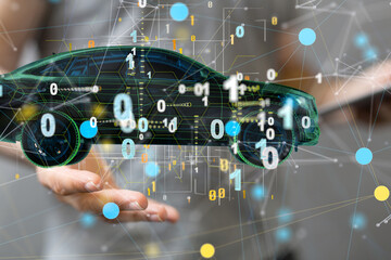 Man holding and touching holographic smart car