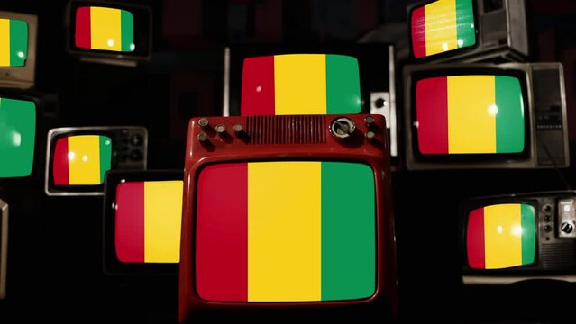 Flag of Guinea and Vintage Televisions. 4K Resolution.
